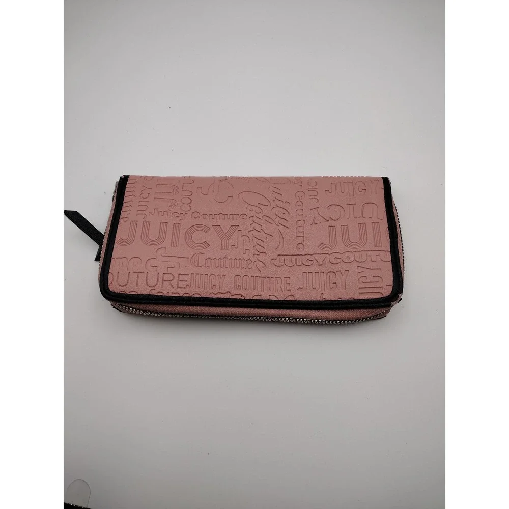 Juicy Couture Pink Embossed Logo Zip Around Wallet Black Logo Tape Y2K McBling